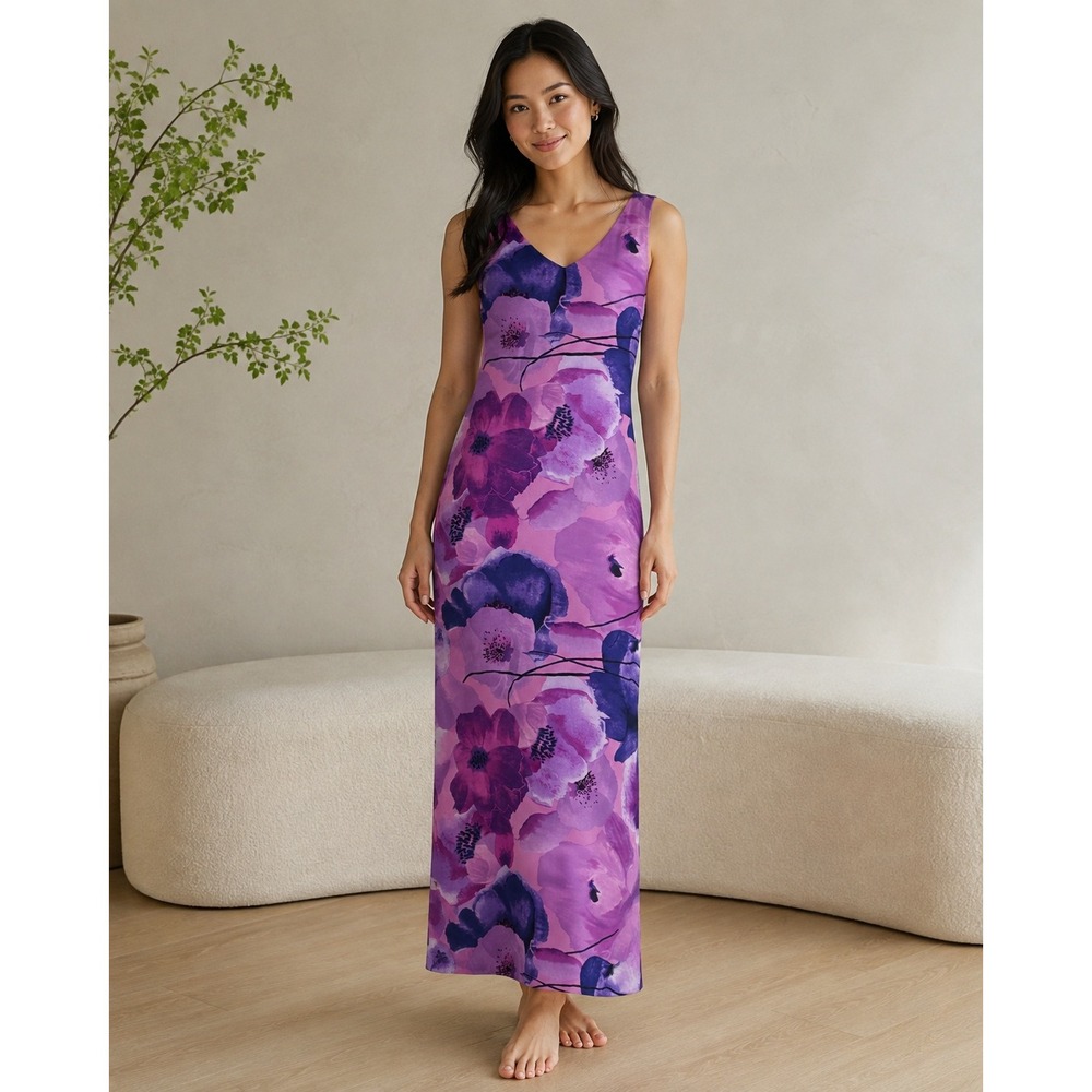 Petite Sophisticate Silk Floral Maxi Dress Size 0 Purple Watercolor Column